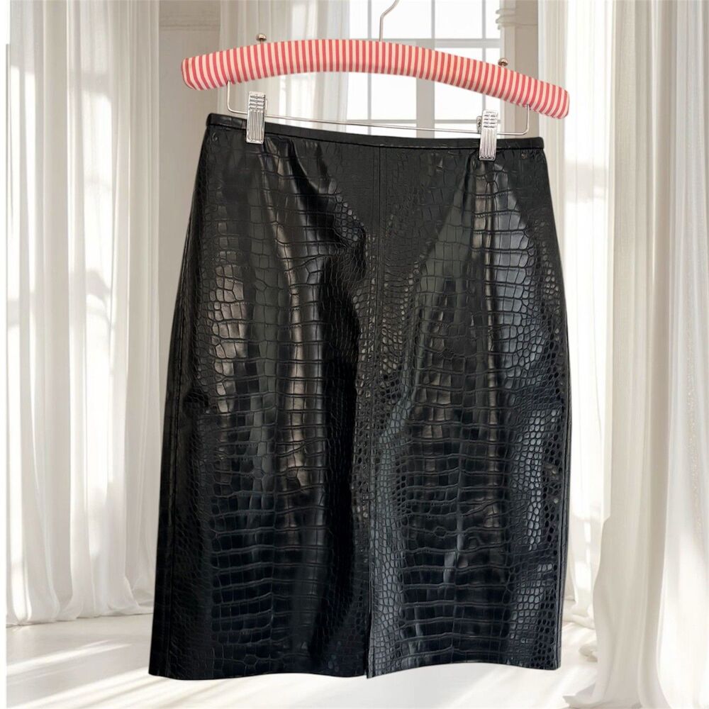 NWT J. Crew Black Croc Embossed Faux Leather Pencil Knee Skirt Zip Slit Size 2